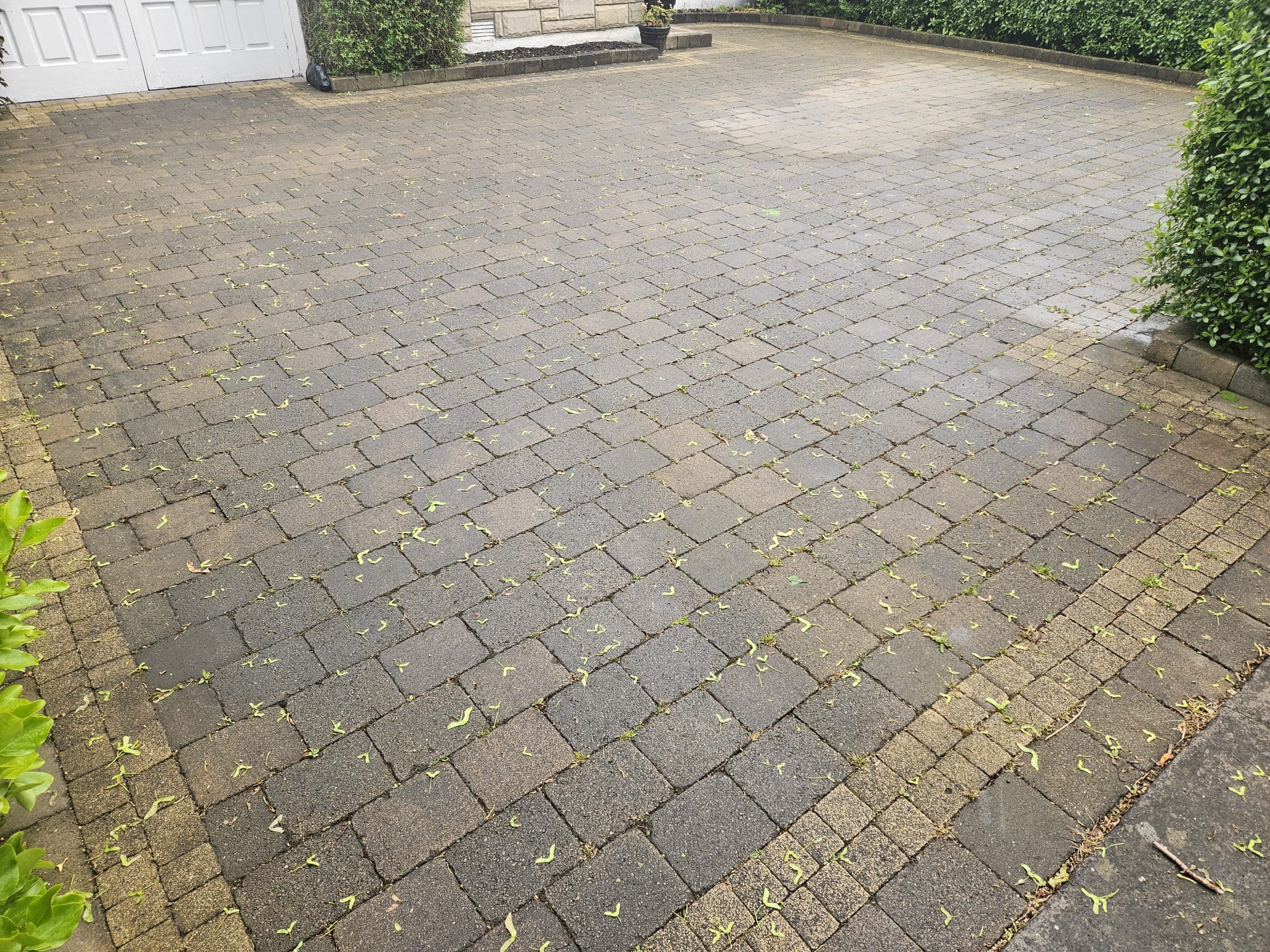 Block paving driveway before cleaning — grime hiding the colours