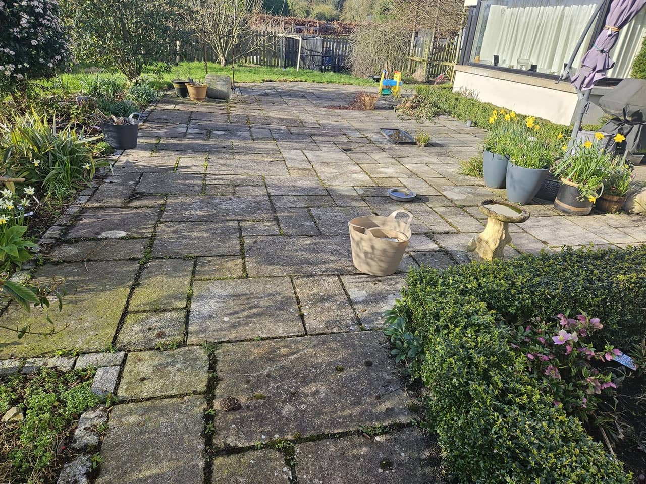 Sandstone patio before cleaning