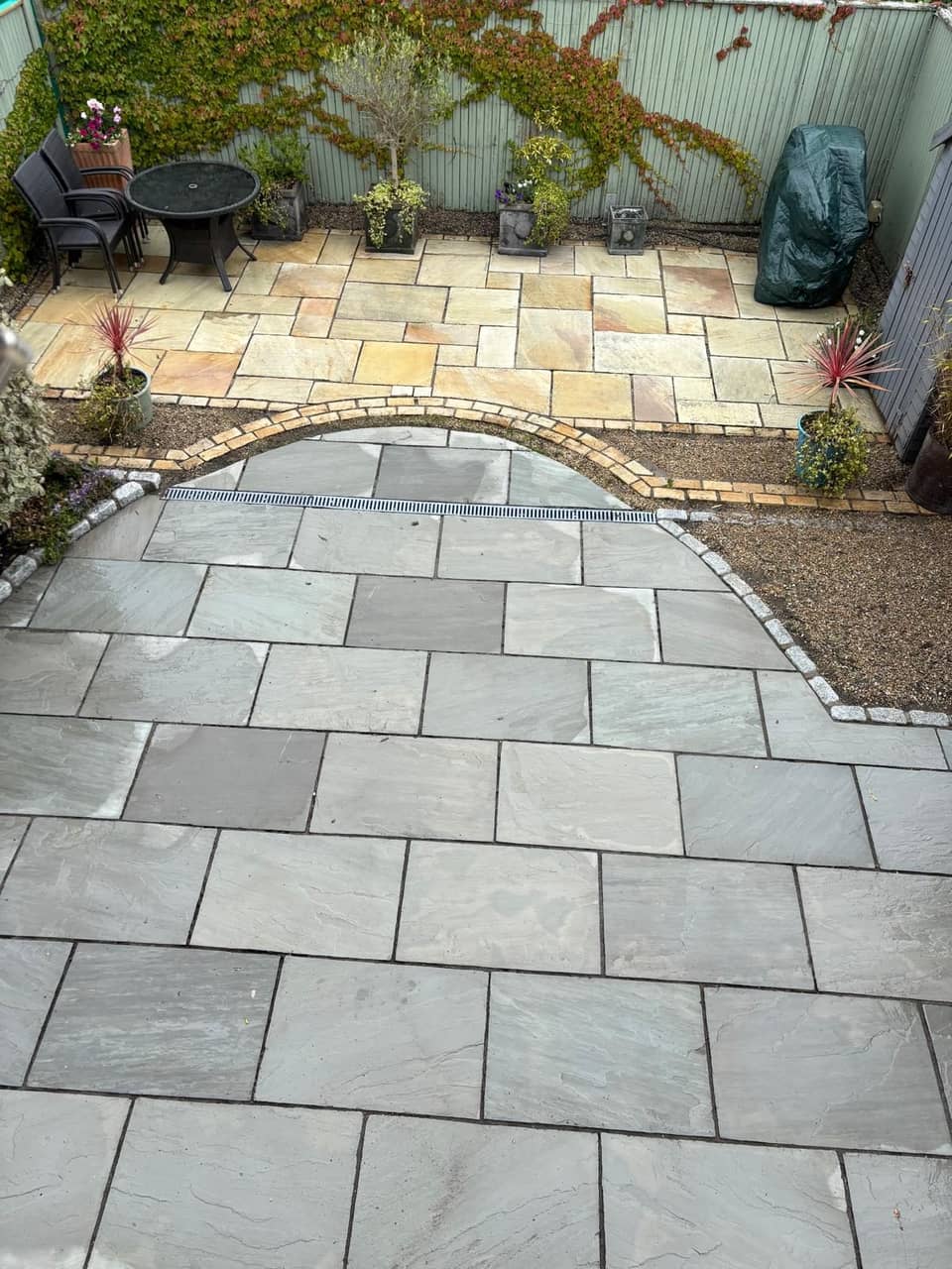 Curved sandstone patio after cleaning